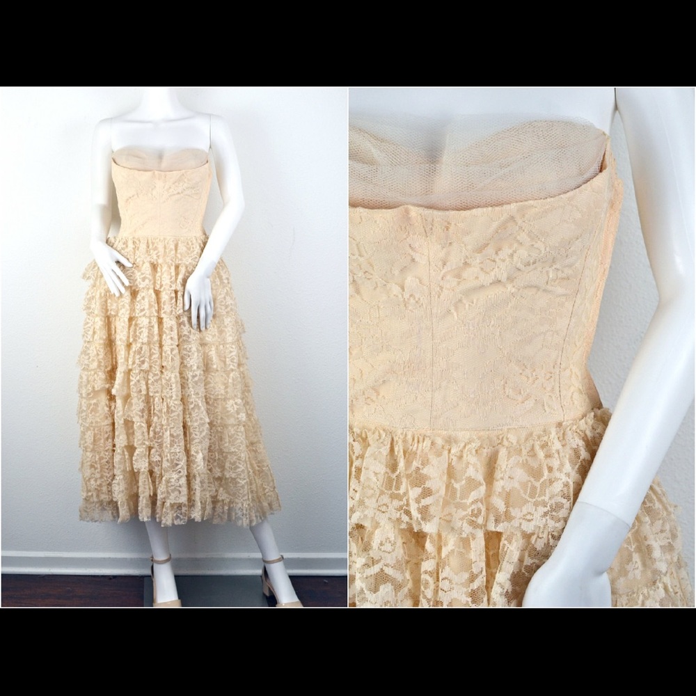 Gorgeous Vintage 50s Cream Tiered Lace and Taffeta Strapless Dress